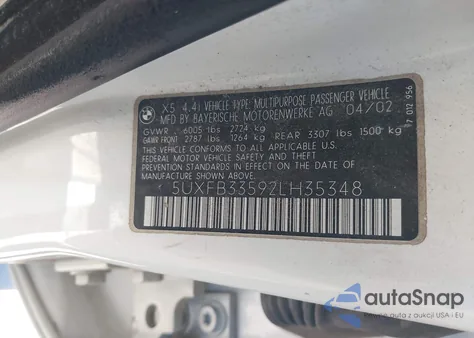 2002 BMW X5 4.4I из США, поврежденный, VIN 5UXFB33592LH35348